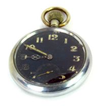 A 1930s Waltham stainless steel Air Ministry pocket watch, with a black enamelled numeric dial, crea