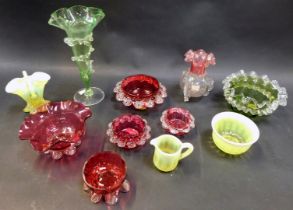 A group of Victorian and later coloured glass, to include a green tinted vase of trumpet form, 21cm