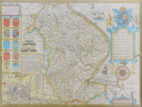 In the manner of John Speede. Coloured map of Lincolnshire, bearing Coats of Arms, 28cm x 51cm.