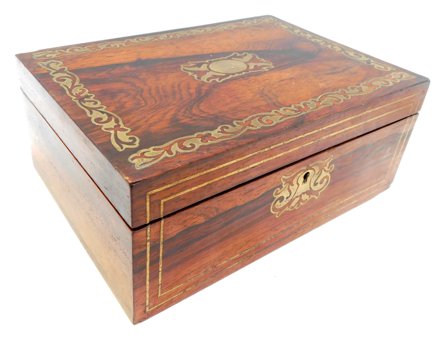 A Victorian rosewood and brass inlaid jewellery box, the hinged lid enclosing a yellow painted inter