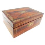 A Victorian rosewood and brass inlaid jewellery box, the hinged lid enclosing a yellow painted inter