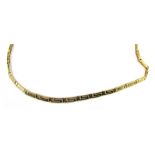 An Eastern inspired box link neck chain, yellow metal, clasp stamped 585, 45cm long, 11.8g all in.