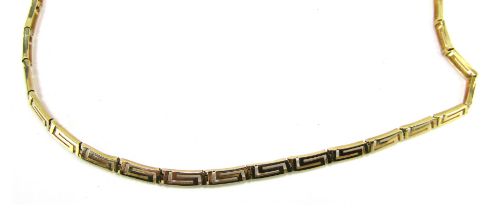 An Eastern inspired box link neck chain, yellow metal, clasp stamped 585, 45cm long, 11.8g all in.