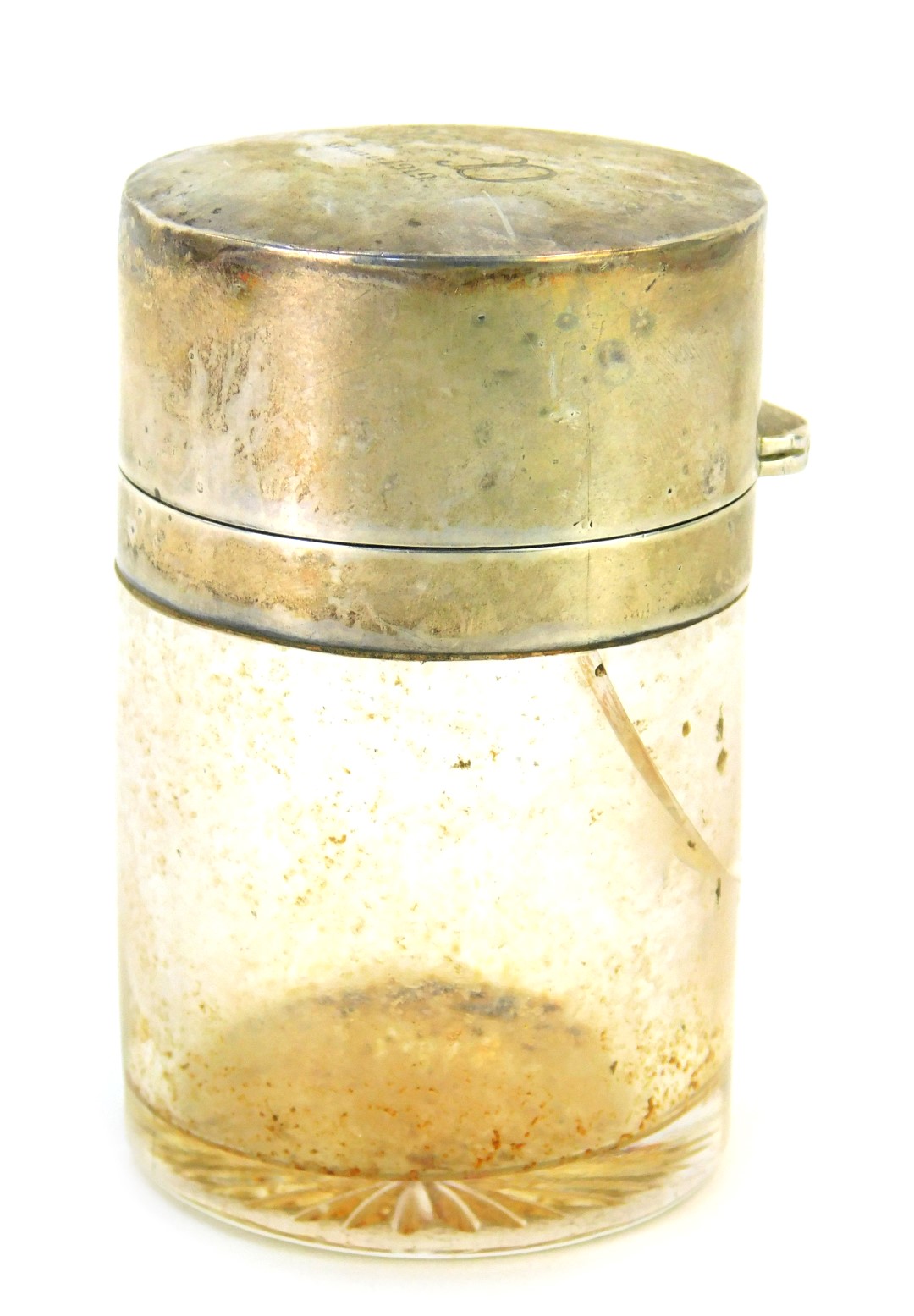 A George V silver and cut glass toilet jar, engraved ED June 1919, Birmingham 1912, 8.5cm high.