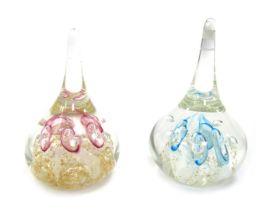 Two 20thC glass paperweights, each of tear drop form, one with pink bubble design to interior, 13cm