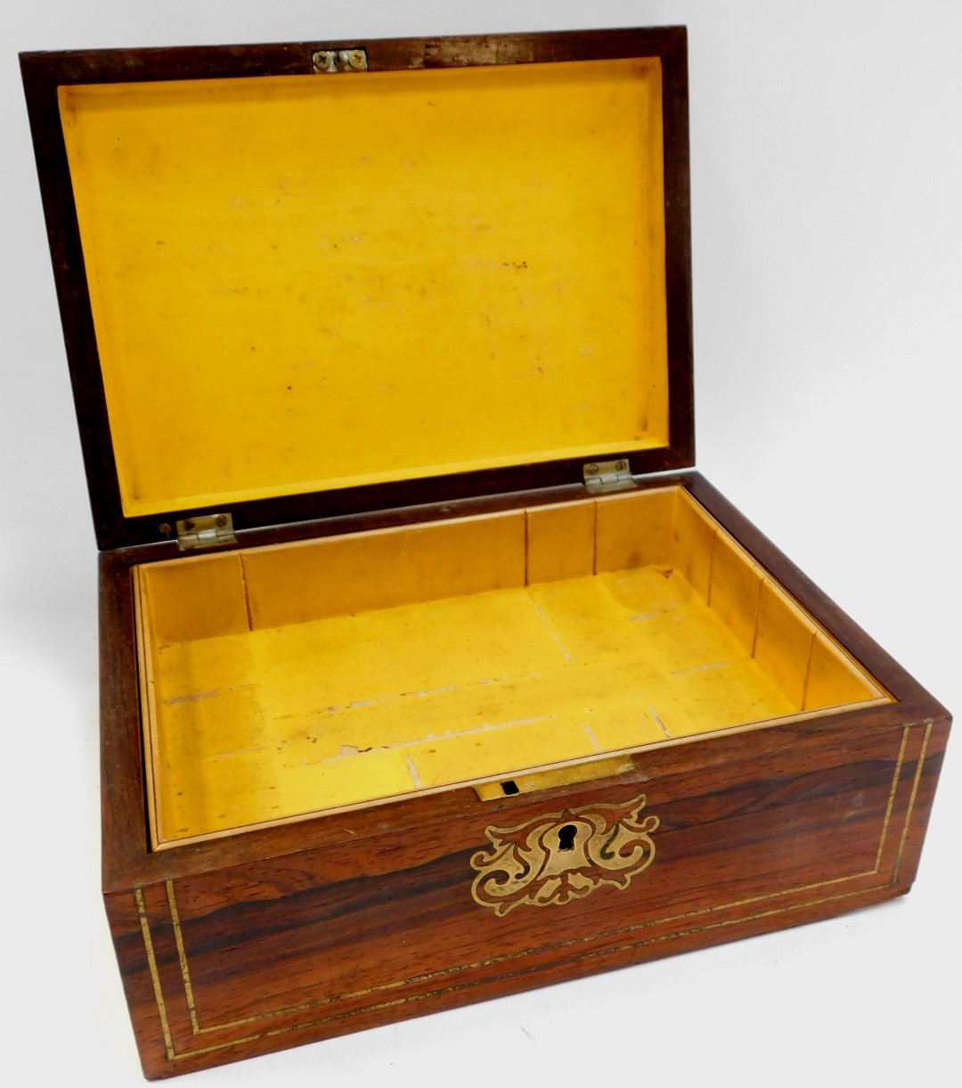 A Victorian rosewood and brass inlaid jewellery box, the hinged lid enclosing a yellow painted inter - Image 2 of 2