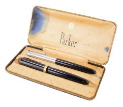 A cased set of two Parker 51 pens, comprising 14ct gold nibbed fountain pen, and a Parker 51 with st