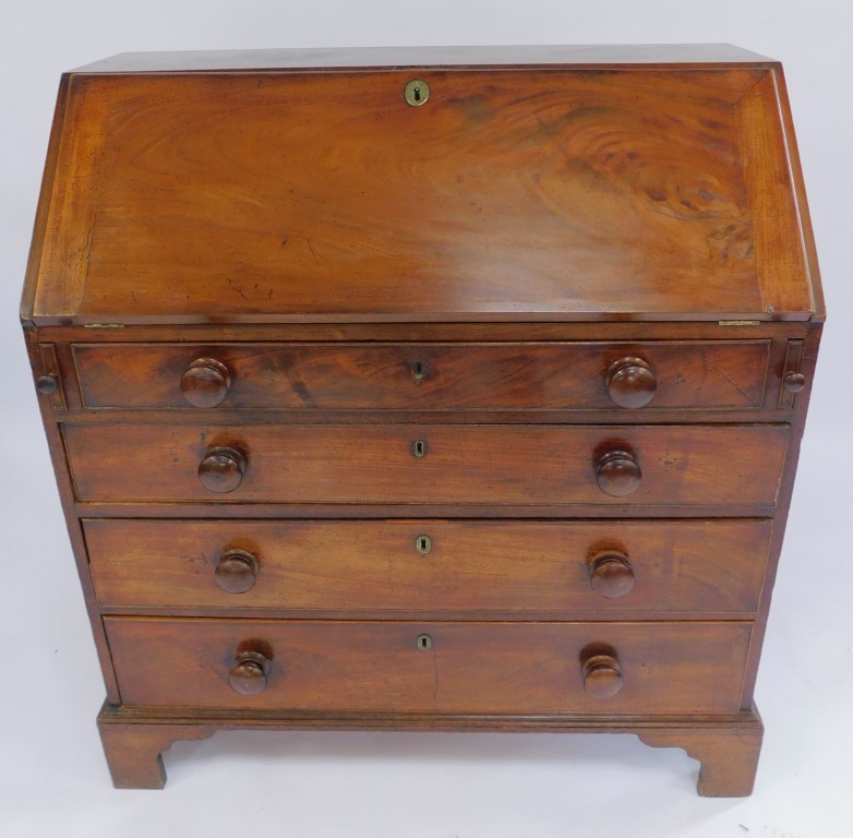 A George III mahogany bureau, the top with a fall, enclosing an arrangement of drawers, recesses and - Image 2 of 5