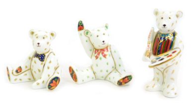 Three Royal Crown Derby Miniatures porcelain Teddy bear figures, comprising Victoria (waving), Edwar