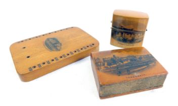 A group of Mauchline ware, comprising a match case for Harrogate, 4.5cm wide, a score board for St C