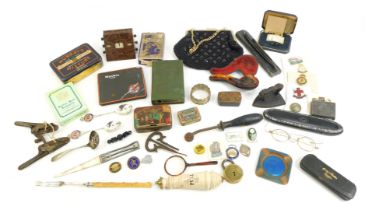 Bygones, collectables, etc., to include an enamelled miniature ashtray, Victorian spectacles, cases,