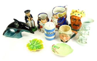 A group of character jugs and other ceramics, to include a Lancaster Sandland small character mug, P
