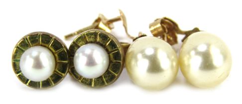 Two pair of cultured pearl earrings, each yellow metal set, comprising a pair of drops, 1cm high, st