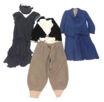 A group of vintage clothing, to include a 1940s lady's blue suit jacket and skirt set, Victorian bla