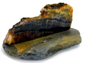 A specimen fragment of part polished and natural finish Blue John, on stone base, 9cm wide.