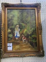 Joanna Perelue (20thC School). Female figure walking dog on a wooded path, signed and dated 1973/5?,