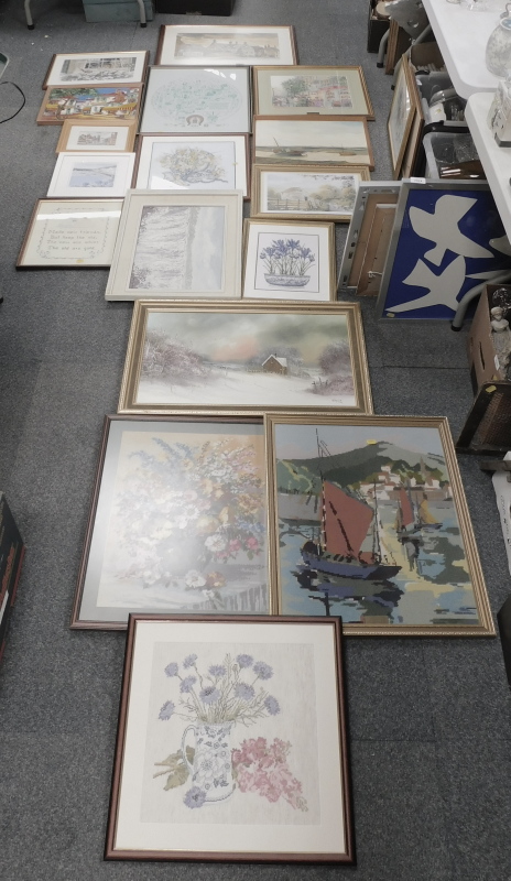 A large group of pictures and prints, to include tapestry, County of Rutland print, rural tapestries