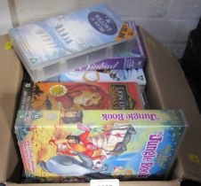 VHS video cassettes, DVDs, to include The Jungle Book, Lion King II, etc. (1 box)