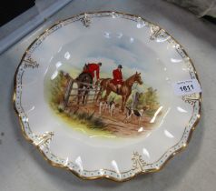 A Royal Crown Derby porcelain plate, with hunting scene and gilt border with turquoise decoration.