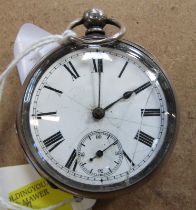 A Victorian silver gentleman's pocket watch, key wind, enamel dial bearing Roman numerals, subsidiar