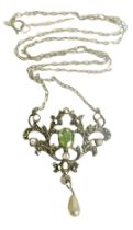 An Edwardian style marquasite pendant and chain, the scroll design pendant set with marquasite, gree