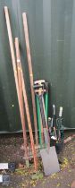 Various garden tools, spades, forks, rakes, brushes, etc. (a quantity)