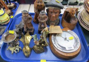 Carved Black Forest figures, HMS Nelson terracotta tobacco jar bust, brassware, ornaments, and barom