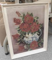 20thC School. Floral still life in blue and white jug, oil on board, 37cm x 25cm.