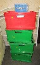 An assortment of mixed plastic boxes, comprising four large crates, a group of small reusable plasti