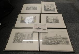 Various black and white prints depicting Castle Gateway Durham, Framwell Gate Durham, further Durham