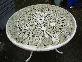 A metal circular garden table, with pierced fan and scroll design, on tripod out splayed legs, paint