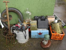 Various tools and accessories, toolboxes, ladders, Aladdin paraffin lamp, glass bottle, empty tool k