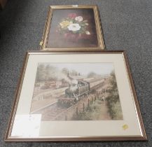 After Don Breckon. Great Western Railway print, and S Bell (20thC). Floral still life, oil on canvas