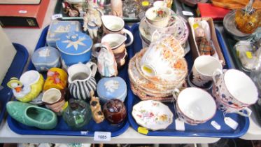 A group of decorative china and effects, to include two Goebel style matt porcelain monk jugs, 9cm h