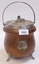 An oak cauldron shaped biscuit barrel with plated mounts and feet.