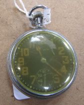 A Waltham Military pocket watch, with black dial and luminous Arabic numerals, within chrome plated