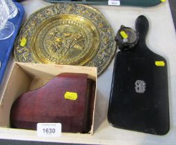 A novelty miniature piano shaped music box, in mahogany, a brass charger stamped Yseult, a silver ba