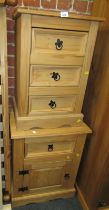 A pine three drawer bedside, and a side cupboard with single drawer and cupboard base. (2)