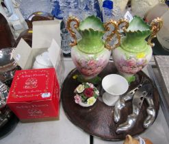 A pair of Staffordshire two handled vases, decorated with roses, an Aynsley rose flower head ornamen