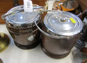 Two oak biscuit barrels, with plated mounts.