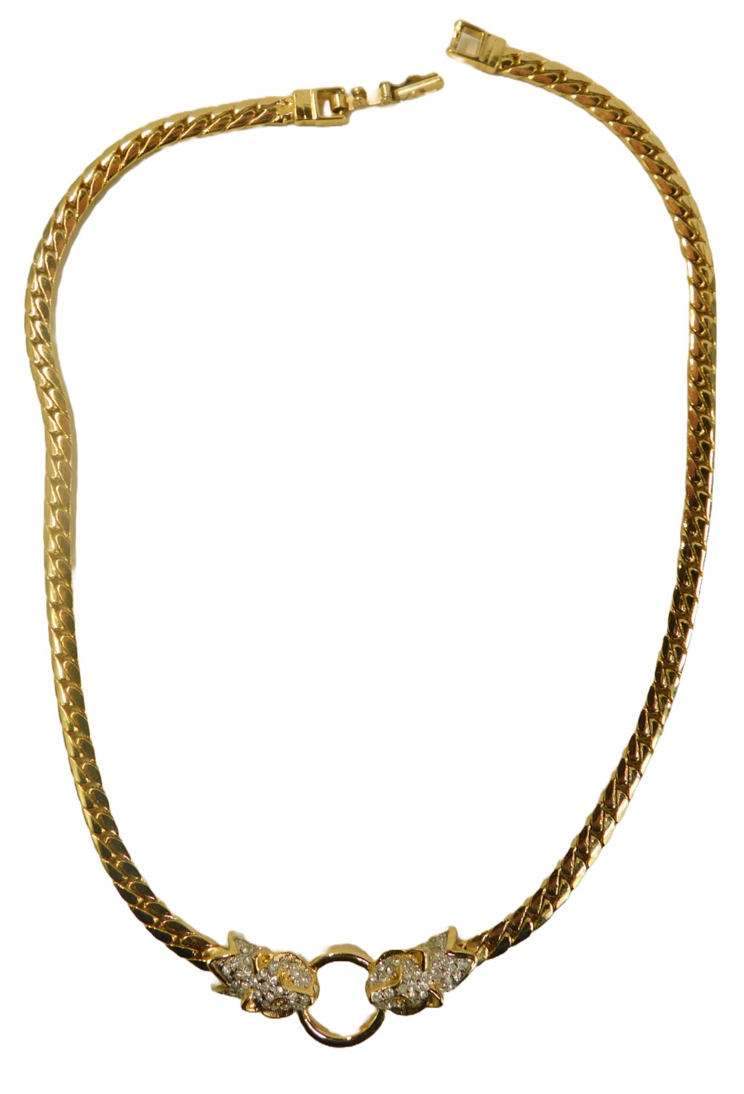 A Swarovski & Susan Caplan gold coloured necklace, with two stone set double leopard head detail sup