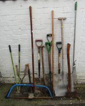 Various tools, to include spades, fork, saw, shearers, hack saw, etc.