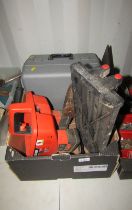 Assorted tools, comprising tile cutter, tool caddy, power tool box, etc. (1 box)