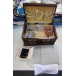 Assorted costume jewellery, fitted in a mahogany case, to include bracelets, dress rings, heart shap