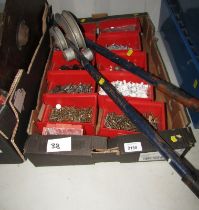 Assorted screws, brackets, pipe bender, etc. (1 box)