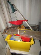 A group of assorted tools, to include hands saws, large dust pan, spirit level, press, Super tool ki