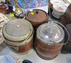 Three oak biscuit barrels.