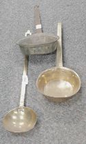 A 19thC brass ladle, another, together with a steel pan.