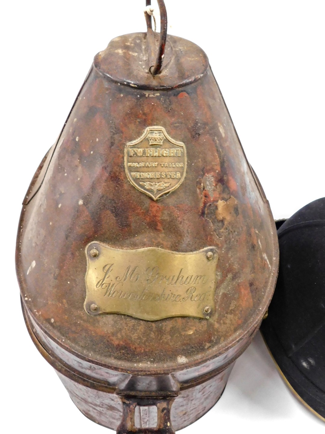 A 19thC Worcestershire regimental helmet, with crest and gilt metal spike, in original tin box, engr - Image 2 of 5