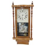 A late 19thC American walnut and parquetry wall clock, with painted dial, 86cm high.